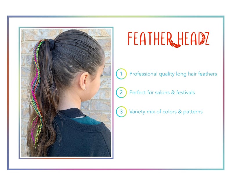 Feather Headz 21 Rainbow Grizzly Color Hair Extensions – 9”–14” Long – DIY Rooster Kit with 20 Micro-Link Beads – 100% Real Feathers – Eye-Catching Boho Style - Image 4
